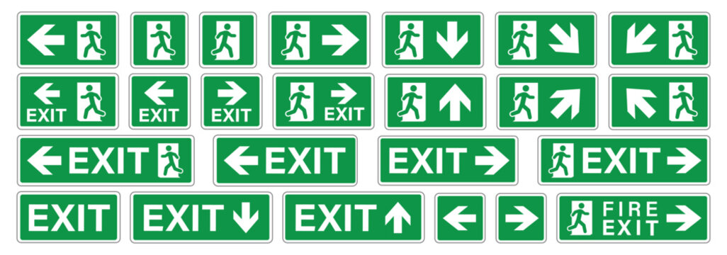 emergency exit sign icon set with running man  arrows  and exit text isolated on white background. Safety evacuation symbols ideal for buildings  public areas  signage systems  and instruction designs