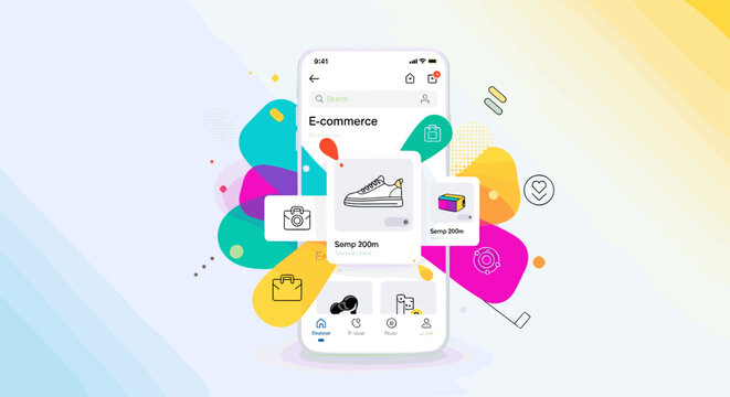 E-commerce mobile app with colorful marketing icons in modern minimalist style for online shopping