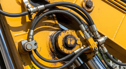 Fototapeta premium Close-up of yellow industrial hydraulic system with black hoses and metal fittings. Generated AI