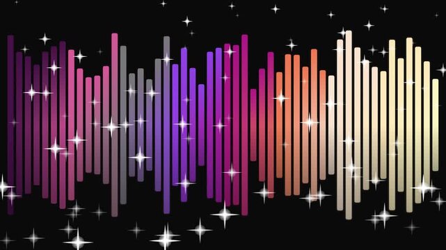 Colorful equalizer bars illustration over black with starlight effects; digital audio frequency visualization for music production and design