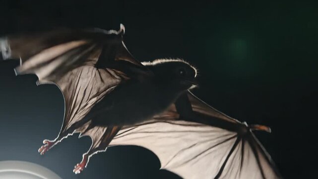 Fruit bat flying at night with wings spread wide against dark black background with dramatic backlighting