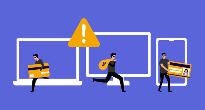 Online crime and robbery concept. Criminals thieves hackers in mask breaking computers and mobile phone finding passwords and committing crimes online in internet vector illustration