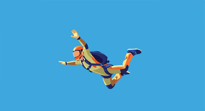 A skydiving person in a protective suit free-falling against a blue background