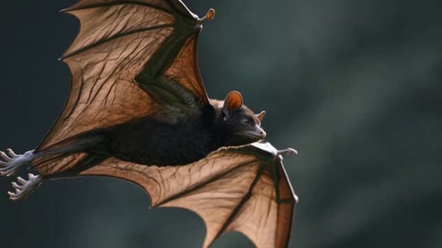 Large Fruit Bat Flying in the Air with Wings Spread Wide Showing Translucent Membrane and Veins Against a Dark Background