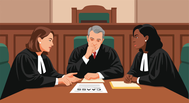Three judges in black robes sit at a wooden table reviewing legal documents