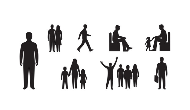 Diverse human silhouettes representing various activities and family groups on a white background