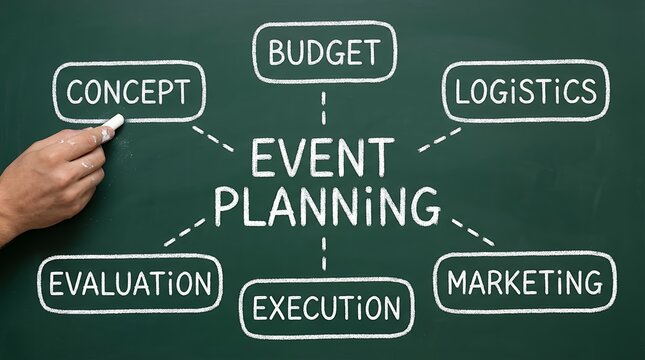 Hand writing event planning process including concept budget logistics marketing execution and evaluation on a green chalkboard business strategy management diagram flowchart