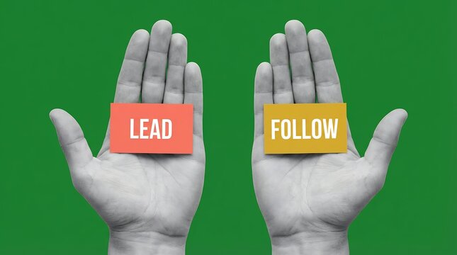 Two open hands with orange card showing LEAD on the left and yellow card showing FOLLOW on the right against a green backdrop choice decision option fingers human man woman