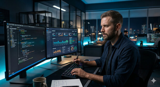 Software developer working on code and data dashboards at dual monitor setup in a modern office at night, highlighting programming, analytics, and tech workflow.