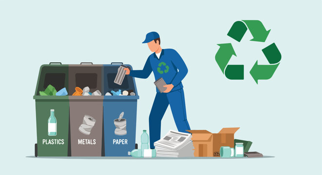 A worker in blue uniform sorting waste into labeled recycling bins with symbol