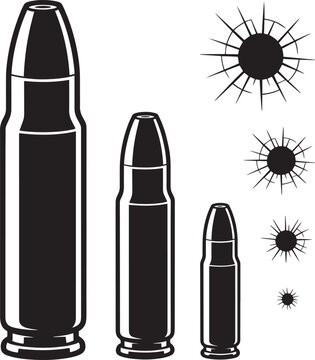 Three bullet casings and four bullet hole graphic elements for graphics and shell casing