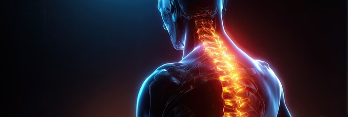 Naklejka premium Human Spine Lumbar Thoracic Cervical Anatomy with Inflammation and Pain Medical Illustration Dark Background