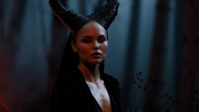 White sorceress in emberlit forest, dramatic closeup portrait with glittering horned headdress, deep blue foliage backdrop and warm firelight casting red