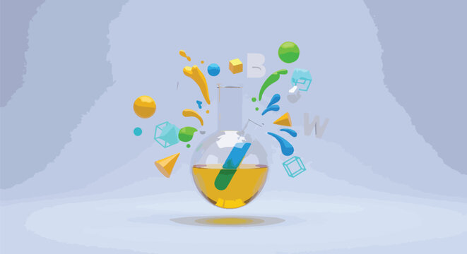 Abstract lab flask explosion with colorful geometric shapes and liquid, 3d rendering, suitable for scientific research, education, and innovative design.