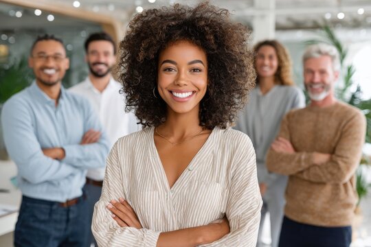 Confident diverse business team with female leader smiling in modern open-plan office environment