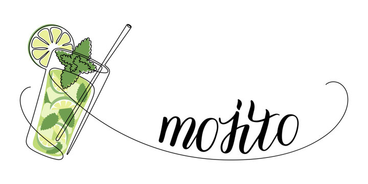Glass of mojito cocktail with mint and straw and text. Continuous line drawing.