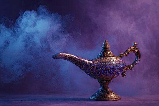 Ornate Aladdin Lamp Emitting Mystical Blue Smoke Against Purple Gradient Background