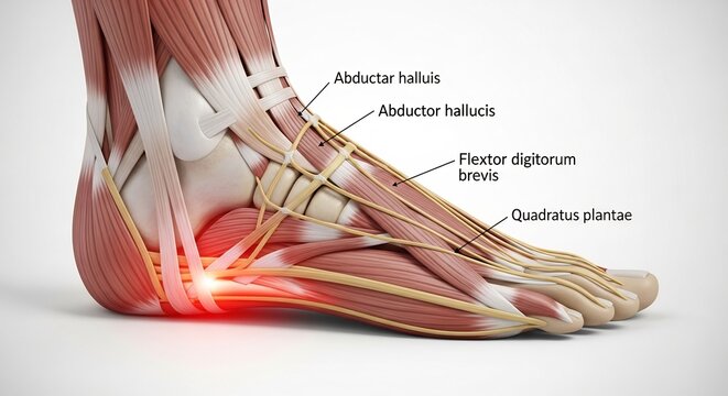 Detailed Anatomical Illustration of Human Foot Muscles and Tendons.