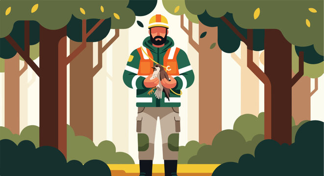 A forest ranger in protective gear gently holds a small bird in the deep woods