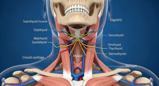 Anatomical Illustration of Human Neck Muscles and Nerves.