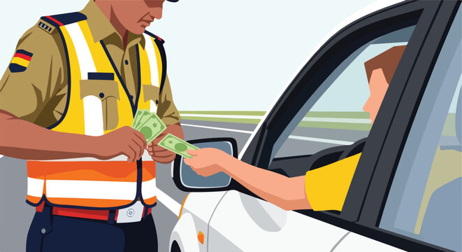 A traffic officer in a high-visibility vest receives money from a car driver