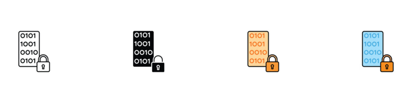 Encrypted binary data and padlock icon set for cyber security concept. Digital information protection and data privacy symbols. Vector Illustration.