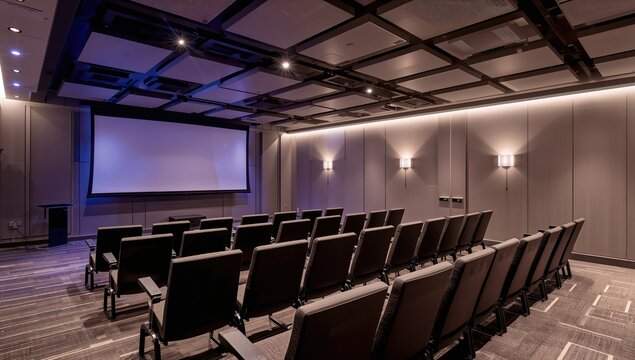 Auditorium interior with projector screen stage and organized seating creating formal environment for conferences workshops and keynote presentations