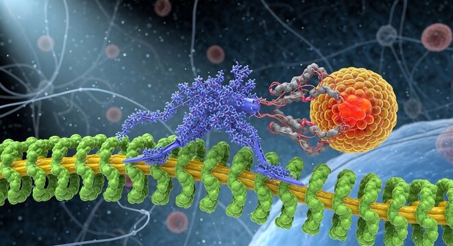 Microscopic view of molecular motor protein kinesin moving along a microtubule filament.