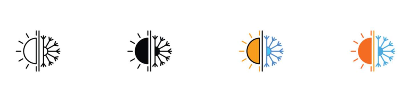 Sun and snowflake split icon set for weather and thermal insulation concept. Hot and cold climate control symbols. Vector Illustration.