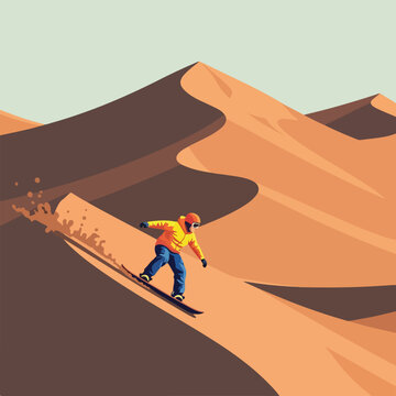 A snowboarder in a vibrant yellow jacket glides down massive orange sand dunes