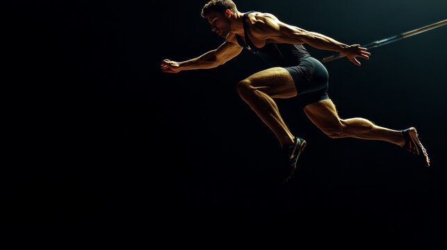 Male athlete jumping over high jump hurdle on black background, cinematic lighting, dramatic sports action capture.