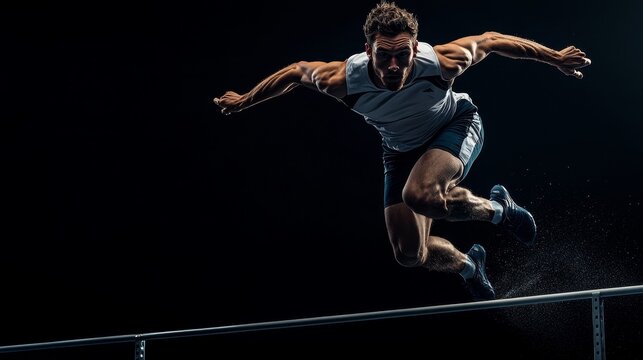 Male athlete jumping over high jump hurdle on black background, cinematic lighting, dramatic sports action capture.
