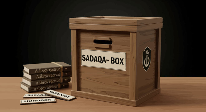 Conceptual illustration of a wooden Sadaqa box, a symbol of religious charity, philanthropic donations, and community support for those in need