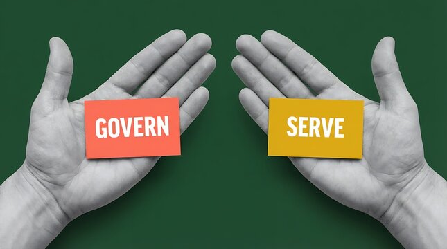 Two open hands presented facing each other each holding a colored card with a single word one saying GOVERN in orange and the other SERVE in yellow choice decision dilemma
