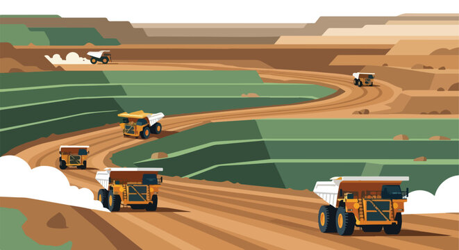 Large haul trucks driving through a deep tiered open-pit copper or coal mine
