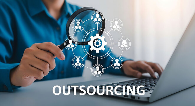 Outsourcing Analysis: A business professional employs a magnifying glass to scrutinize the intricacies of the outsourcing process, highlighting the focus on collaboration and global networks. 
