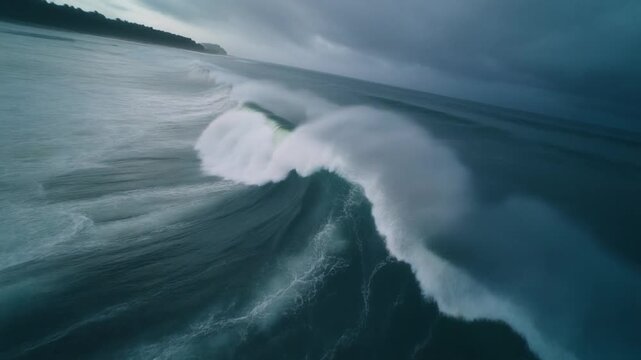 FPV drone flying low above powerful ocean waves during stormy conditions,