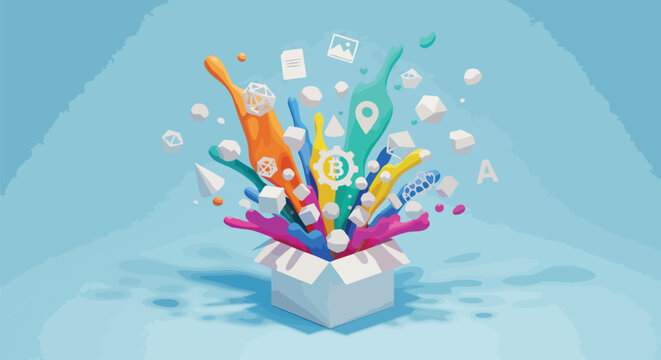 Vibrant and colorful 3D splash bursting from a white box with icons and geometric shapes, concept for innovative ideas, creative marketing, and business solutions.