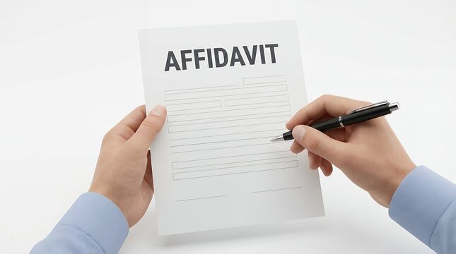 Person's hands holding an affidavit document and a pen ready to fill out the legal form and provide sworn testimony or statement legal document sworn statement official paper