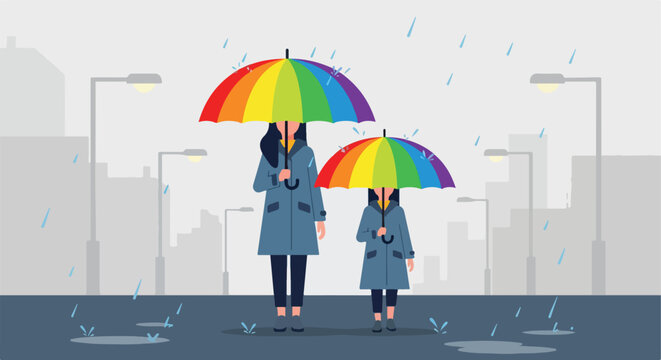 A woman and a child with rainbow umbrellas walking in the rain in the city