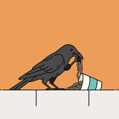Naklejka premium A black raven holding a fork and eating noodles from a tipped paper cup container