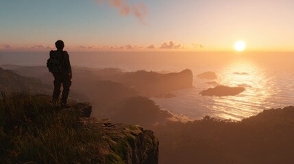 Fototapeta premium solo traveler standing on a scenic cliff overlooking the ocean at sunset, photorealistic, no text, no logo