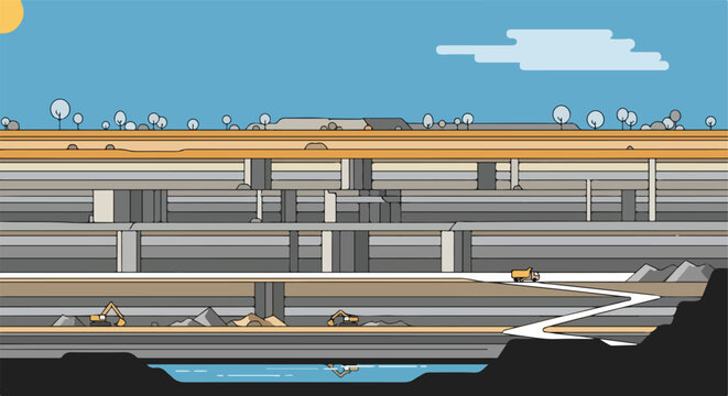 A stylized vector cross-section of a deep open-pit mine with heavy machinery