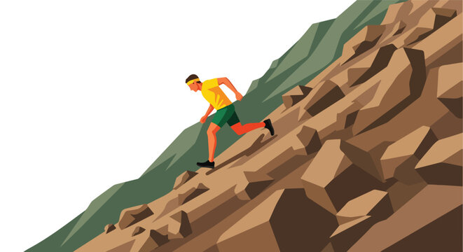 A runner in yellow shirt and green shorts climbing up a steep, rocky mountain