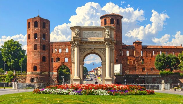A large red brick gate with two towers and a garden