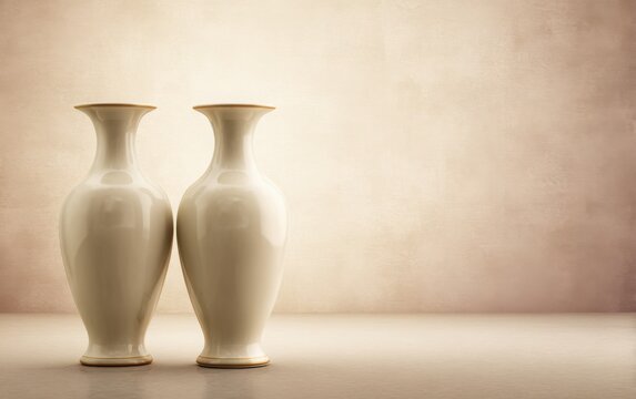 Two Chinese vases placed symmetrically, minimal elegant background, soft shadows, high detail, concept of balance and harmony