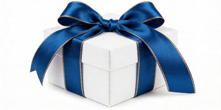 Caixa de presente branca elegante com la&ccedil;o de fita azul, conceito de celebra&ccedil;&atilde;o e surpresa

