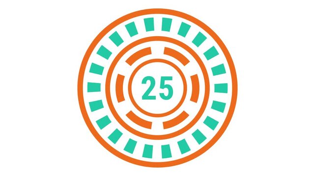 30-second gear-style countdown in teal and orange with blinking outer ring, rotating inner dash ring, and changing center number.