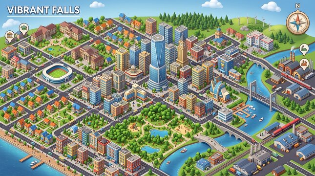 Isometric amusement park map with roller coasters and vibrant attractions