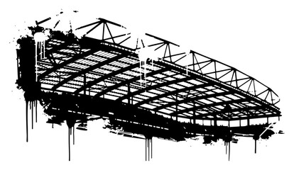 Stadium roof industrial architecture in black and white ink drip street art style © UrbanDruid